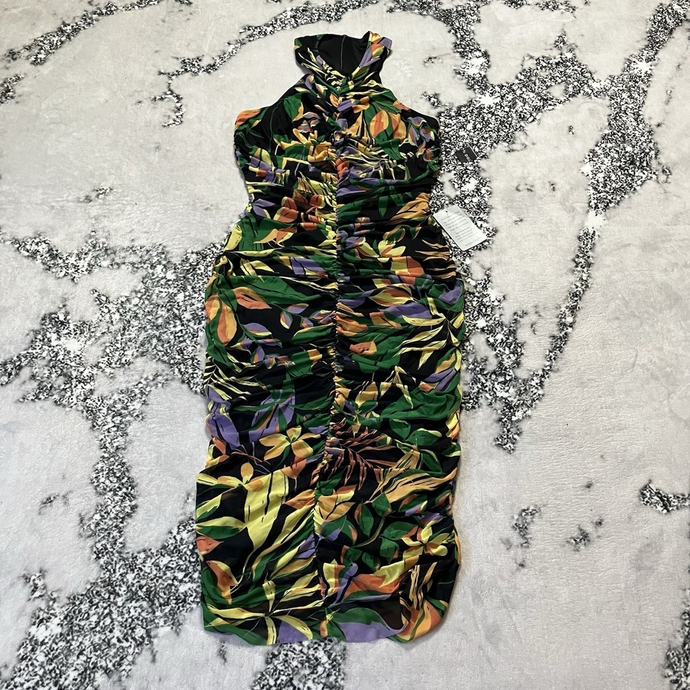 Donna Morgan Dress Women 8 Printed Mesh Ruched Halter Racer Back Midi Multicolor